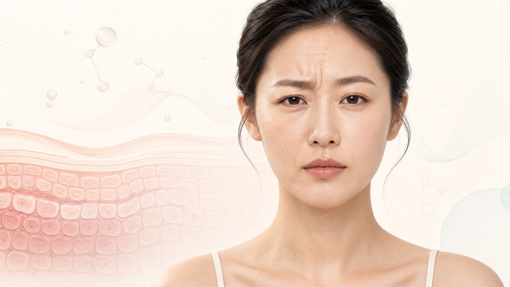 표정을 지을 때와 편안히 있을 때의 이마·미간 주름을 대비한 일러스트