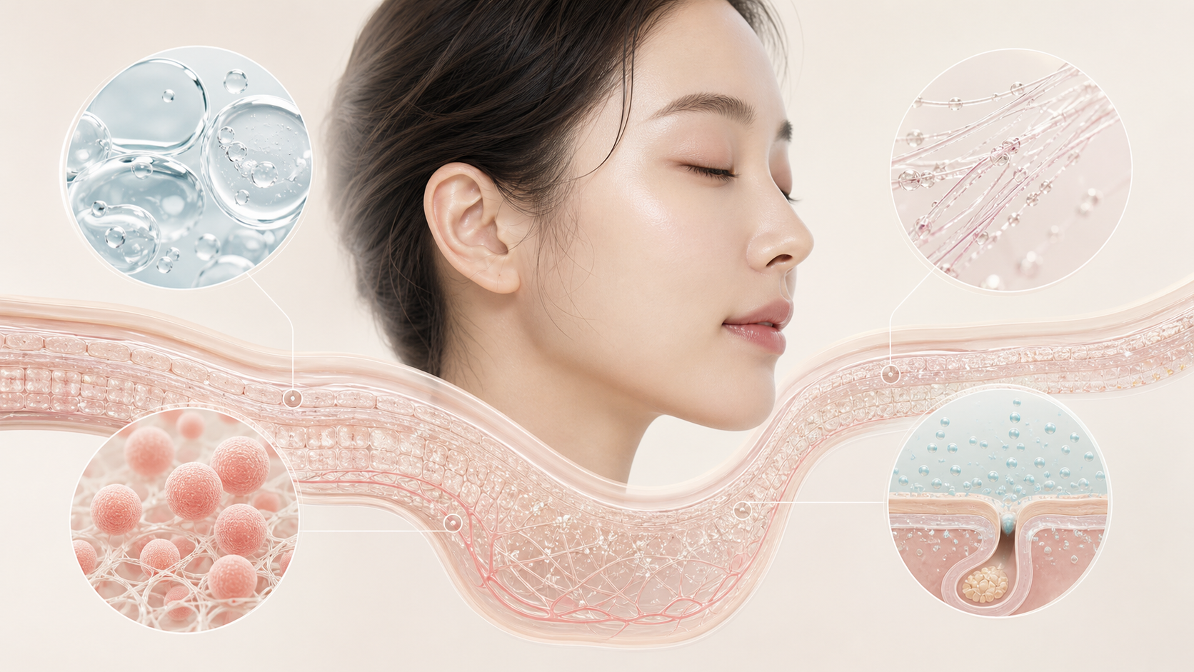 히알루론산·PN·PDLLA·보툴리눔 톡신 계열의 서로 다른 피부 목표를 표현한 일러스트